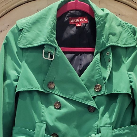 Merona Green Trench Coat with Belted Waist and Wide Lapels - Picture 3 of 11
